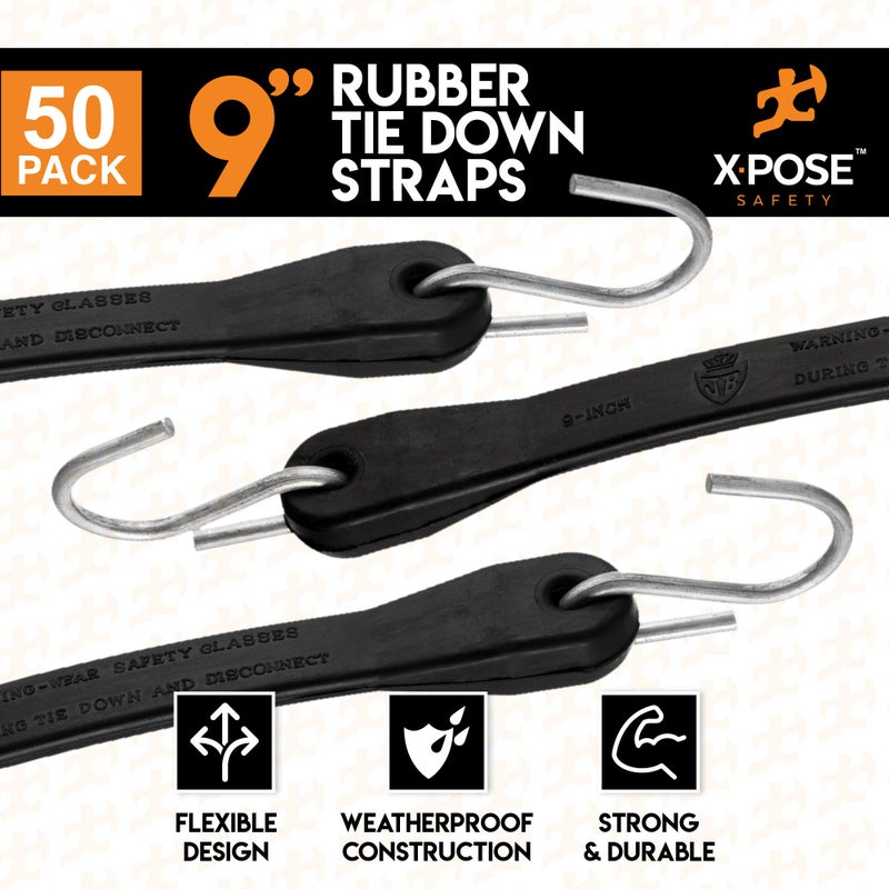 xpose safety Rubber Bungee Cords with Hooks 50 Pack 9 Inch (14â€ Max Stretch) Heavy-Duty Black Tie Down Straps for Outdoor, Tarp Covers, Canvas Canopies, Motorcycle, and Cargo - by Xpose Safety - Image 3